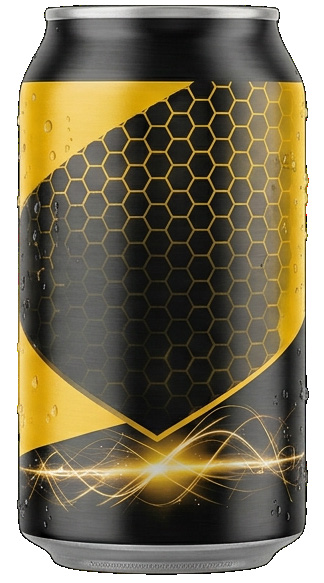 A black and gold drink can.