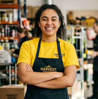 A smiling retailer in a yellow T-shirt and apron, arms folded, in a store aisle.