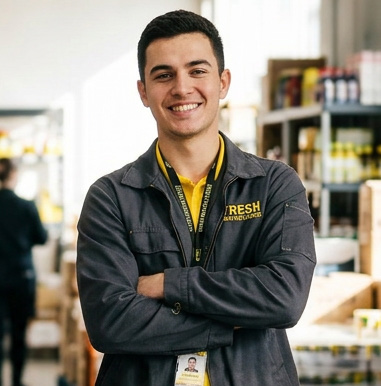 A smiling supplier in a work jacket and lanyard, arms folded, in a warehouse.
